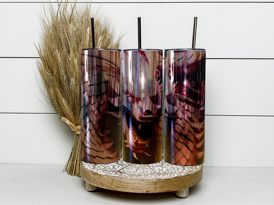 Rose gold metallic chrome base skinny tumbler with traditional dragon print. 600ml double walled stainless steel skinny tumbler with leak proof lid and metal straw.