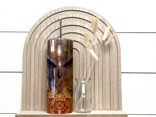 Rose gold metallic chrome base skinny tumbler with owl print. 600ml double walled stainless steel skinny tumbler with leak proof lid and metal straw.