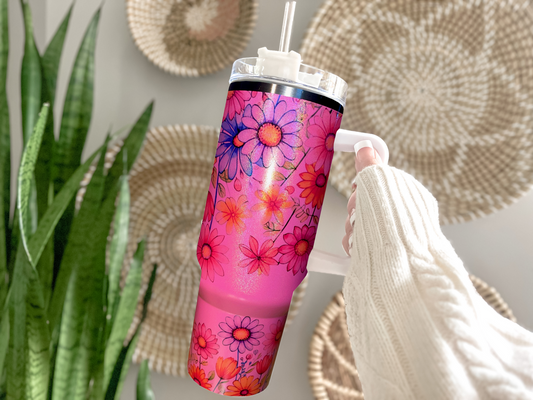 Permanent colourful wildflower print on a metallic shimmer hot pink 40oz 1.13L double walled stainless steel flask