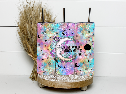 spiritual tarot crystals stay wild moon child glitter agate pastel ombre  600ml stainless steel skinny tumbler with straw