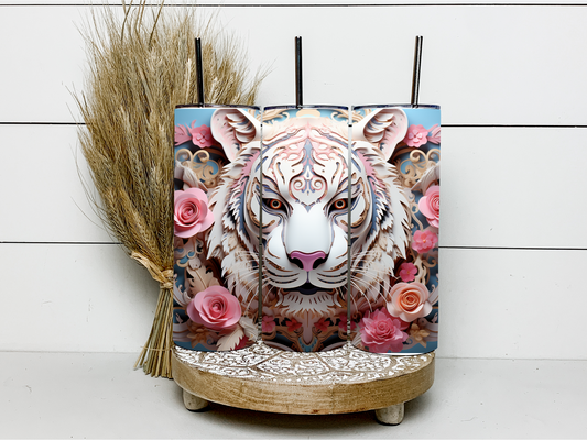 3d paper tiger print with paper flowers. 600ml stainless steel skinny tumbler insulated with steel straw.