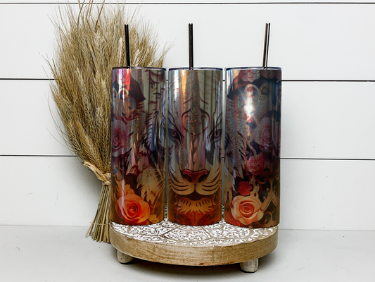 Silver metallic chrome base skinny tumbler with 3d tiger print. 600ml double walled stainless steel skinny tumbler with leak proof lid and metal straw.