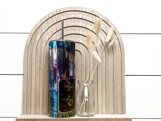 Silver chrome tumbler with a tarot card collage permanent print